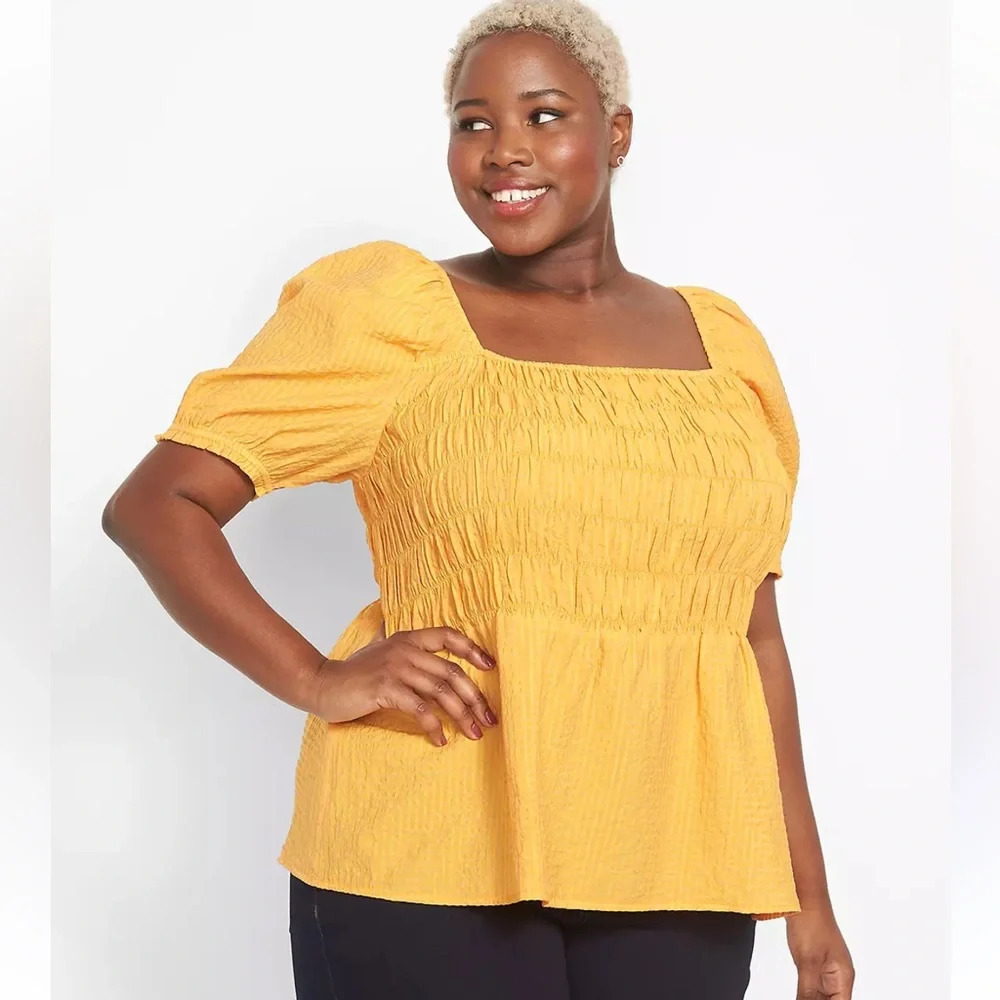 Lane Bryant Illusion Smocked Bodice Short Sleeve Blouse Top Women Size‎ 22 NWT